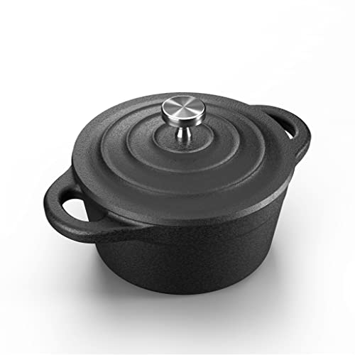 Garlic Roaster Baker, Cast Iron Dutch Oven Pre-Seasoned, Mini Cocotte, 1 Cup Capacity, Black, Ramekin with Lid, for BBQ Grill or Oven, by Bazaar LM-ents (Flat Lid)