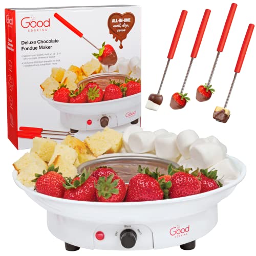 Electric Fondue Maker Deluxe Set w 4 Forks, Removable Serving Tray & Melting/Warming Setting - Great for Dipping Snacks, Marshmallows, Bread in Chocolate, Caramel, Cheese, Sauce - Mother's Day Gift!