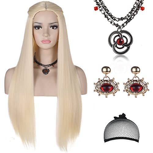 Young Rhaenyra Targaryen Costume Wig for Women with Necklace and Earrings Long Blonde Braided Middle Part Synthetic Wig for House of the Dragon Princess Khaleesi Cosplay Halloween Party (Blonde Style 1)