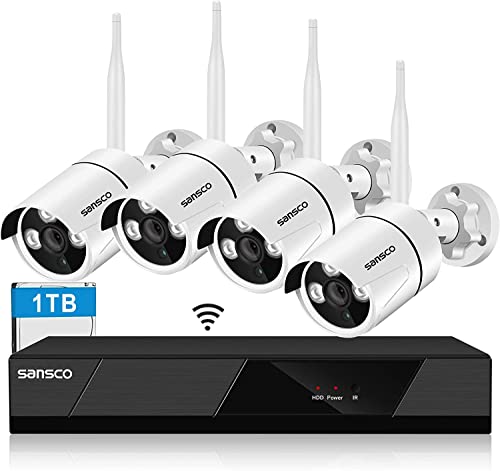 [Audio Recording] SANSCO 2K HD Wireless Security Camera System 1TB Hard Disk, 8CH NVR (4) 3MP HD WiFi Outdoor/Indoor Waterproof Cameras with Mic, Night Vision, Motion Alert, Remote Access on PC/Phone