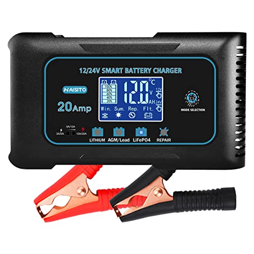 20 Amp Lithium Battery Charger, 12V and 24V Lifepo4,Lead-Acid(AGM/Gel/SLA.) Portable Car Battery Charger,Battery Maintainer, Trickle Charger, and Battery Desulfator for Car,Boat,Motorcycle