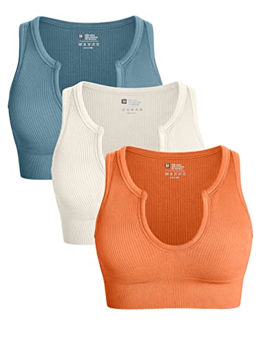 OQQ Women's 3 Piece Medium Support Crop Top Seamless Ribbed Removable Cups Workout Yoga Sport Bra Blue Beige Orange