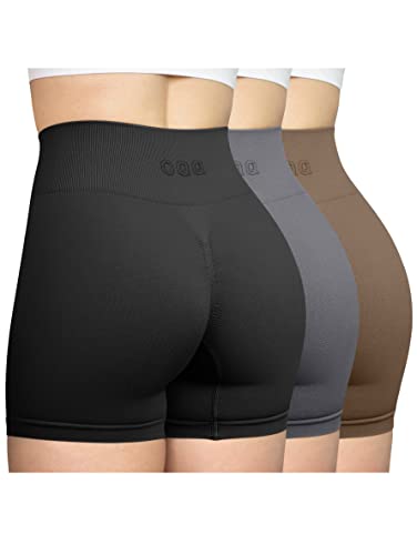 OQQ Women's 3 Piece Workout Seamless High Waist Butt Liftings Exercise Athletic Shorts, Black Grey Coffee, Small