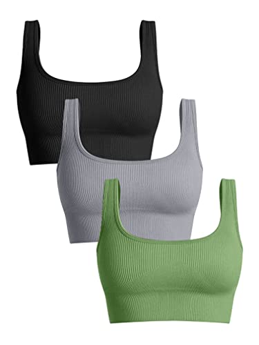 OQQ Women's 3 Piece Medium Support Tank Top Ribbed Seamless Removable Cups Workout Exercise Sport Bra Black Grey Green