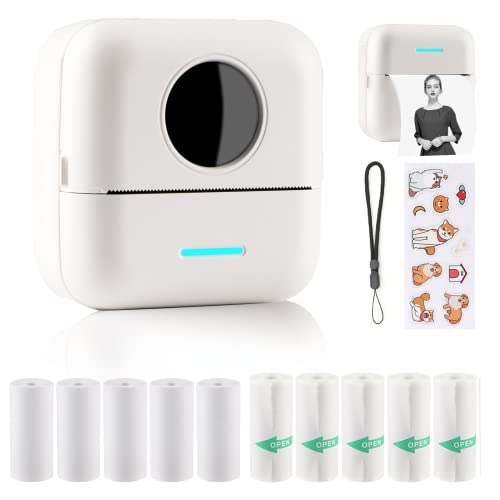 HuiJuKeJi Mini Sticker Printer Bluetooth Smart Pocket Inkless Thermal Printer with 10 Rolls Thermal Paper and Sticker for iOS&Android, Portable Receipt Printer for Photo Journal Notes Memo