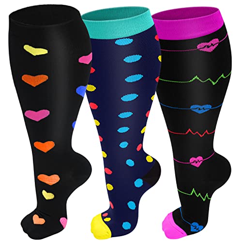 Refeel 3 Packs Plus Size Compression Socks Wide Calf For Women & Men 20-30 mmhg - Large Size Knee High Support Stockings For Medical
