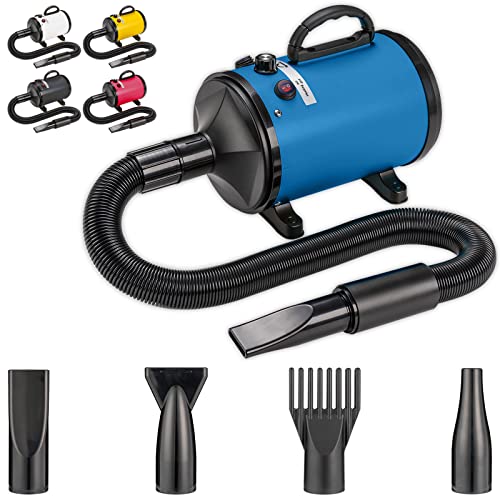 Aookupett Dog Dryer 2800w/3.8HP High Velocity Dryer for Dog, Stepless Adjustable Speed Pet Dryer, Dog Blower Grooming Dryer for Cat & Dog with Heater, Household Dog Blow Dryer with 4 Nozzles Blue