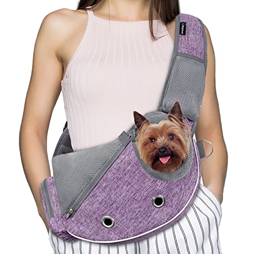 PetAmi Dog Sling Carrier for Small Dogs, Puppy Carrier Sling Purse, Pouch Carrying Bag to Wear Medium Cat, Adjustable Crossbody Pet Sling Travel, Breathable Mesh, Poop Bag Dispenser, Max 5 lbs, Purple