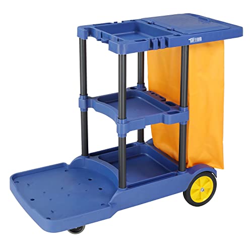 TUFFIOM Commercial Traditional Cleaning Janitorial 3-Shelf Cart, 500 Lbs Capacity Housekeeping Cart, 42.5"L x 18.7"W x 37.6"H , Wheeled with 22 Gallon Zippered Yellow Vinyl Bag and Cover w lid , Blue