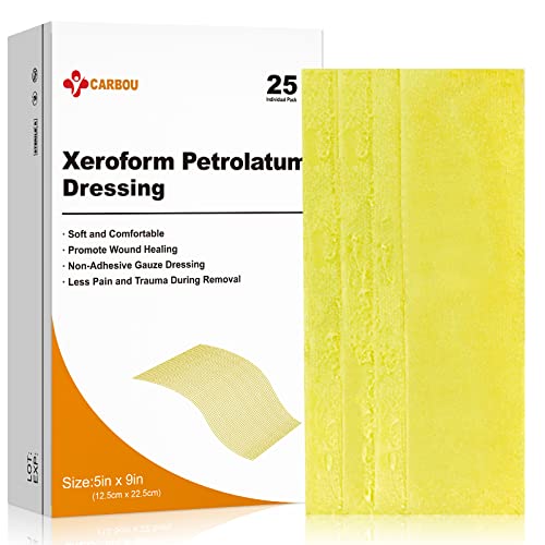 Carbou Medical Xeroform Petrolatum Dressing 5"x9", 25 Individual Pack, Non-Adherent Gauze Pads, Soft Fine Mesh Gauze Patch for Wound Care, Burns, Lacerations, Skin Grafts & Surgical Incisions