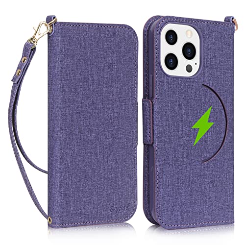 Skycase Wallet Case Compatible for iPhone 14 Pro Max 6.7, [Support Magsafe Charging] [Kickstand] RFID Flip Folio Wallet Case with Card Slots Wrist Strap for iPhone 14 Pro Max 6.7" 5G 2022,Purple