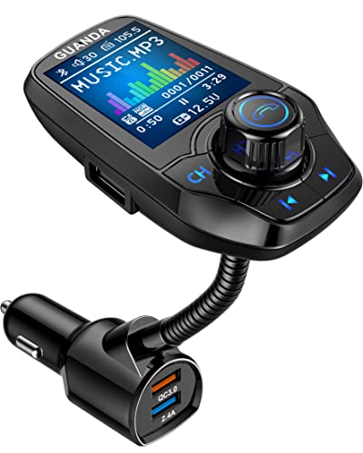Bluetooth FM Transmitter for Car Wireless Radio Adapter Kit W 1.8" Color Display Hands-Free Call AUX in/Out SD/TF Card USB Charger QC3.0 for All Smartphones Audio Players - RM100 Black