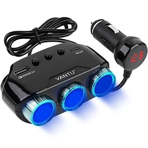 5 in 1 Car Cigarette Lighter, YANTU 3 Socket Cigarette Lighter Splitter with LED Voltage Display, PD/QC 3.0 122W 12V/24V Cigarette Lighter Adapter with Independent Switches