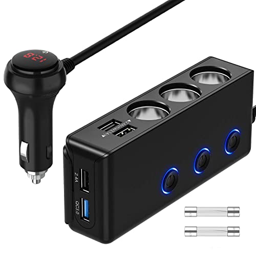   Cigarette Lighter Adapter Quick Charge 3.0, 120W 12V/24V 3-Socket Power Splitter DC Outlet with 8.5A 4 USB Ports Multifunction Car Charger, LED Display Voltage, Upgraded On Off Switch