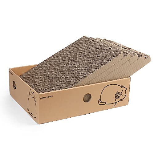 PrimePets Wide Cat Scratch Pad with Box, 5 Pack, XL, Reversible Scratcher Cardboard for Indoor Cats, 17x13x5'' Kitty Bed Scratching Board, Convenient Replacement Hole Design