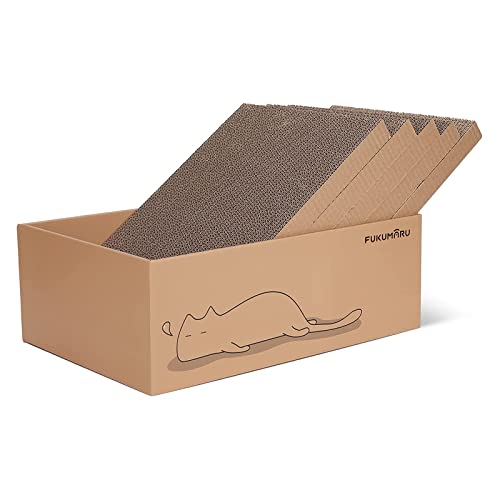 FUKUMARU Cat Scratcher with Box, 5 PCS Reversible Cat Scratch Pad, Corrugated Scratching Bed for Indoor Kitty, 5 in 1 Replacement Cardboard Refill Lounge for Small Medium and Large Cats, Lazy Cat