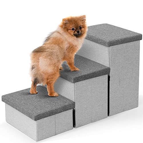 Dog Stairs with Storage, Foldable Dog Steps for Small Dogs, 3 Tiers Non-Slip Pet Stairs for High Beds Or Couch and Sofa, Hold up to 50 lbs Pet Dog Cat