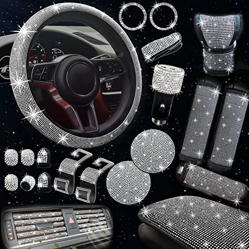 30 Pack Bling Car Accessories Set, Bling Steering Wheel Cover Women Universal Fit 15 Inch, Bling Car Vent Outlet Trims, Bling Armrest Cover, Bling Seat Belt Covers, Bling USB Charger (White)