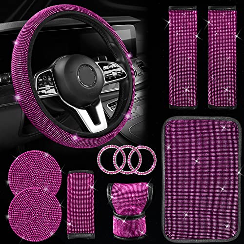 JINGSEN 11 Pcs Bling Car Accessories Set,Bling Car Accessories Set for Women, Bling Steering Wheel Cover for Women Universal Fit 15 Inch, Rhinestone Center Console Cover (Bright Purple)