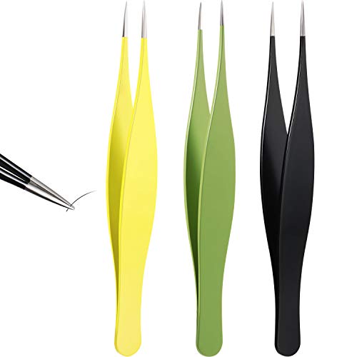 3 Pieces Pointed Tweezers Ingrown Hair Tweezers Precision Needle Nose Pointed Tweezers Stainless Steel Blackhead Remover for Eyebrow Hair, Facial Hair Removal (Black, Yellow, Green)