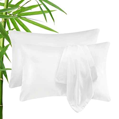 CozyLux Cooling Pillowcases Bamboo-Rayon Pillow Cases Set of 2 Queen Size Oeko-Tex Pillow Case Soft Silky Pillow Covers Moisture Wicking Envelope Closure White 20"x30"