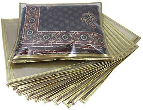 DESI PITAARA Set of 10 Pc Transparent Saree Covers/Saree Bags/Storage Bags/Clothes Covers with Stainless Steel Zip Lock Combo (Suitable for Single Saree Pack) (Golden)