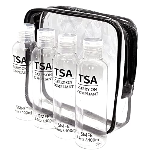 SMFE TSA Travel Bottle Kit, Includes Four 100 ml Carry On Compliant TSA Travel Bottles With Zippered Travel Container
