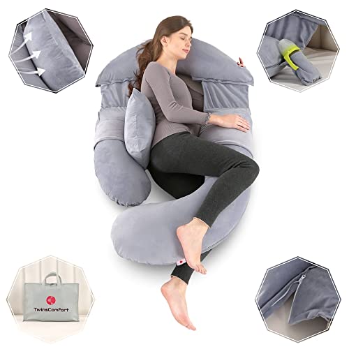 TwinsComfort Full Pregnancy Pillow with 2 Pockets - Maternity Body Pillow for Sleeping, Nursing, Leg, Arm, Back & Belly Support - Breastfeeding Pillow with Extra Pillow, Removable & Washable Cover