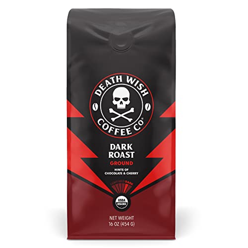 Death Wish Coffee Dark Roast Grounds - 16 Oz - Extra Kick of Caffeine - Bold & Intense Blend of Arabica & Robusta Beans - USDA Organic Ground Coffee - Dark Coffee Caffeine for Morning Boost