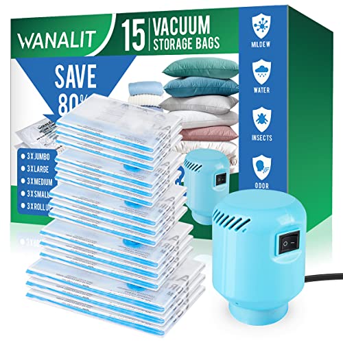 Vacuum Storage Bags with Electric Air Pump, 15 Pack (3 Jumbo, 3 Large, 3 Medium, 3 Small, 3 Roll Up Bags) Space Saver Bag, Vacuum Sealer Bags for Clothes, Blanket, Duvets, Pillows, Comforters, Travel