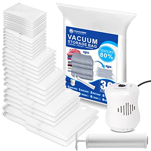 Yeahhome 30 Combo Include 1 Electric Air Pump/1 Hand Pump/28 Vacuum Storage Bags, Space Saver Bags(2pcs40"x52"/3 Jumbo/4 Large/5 Medium/6 Small/8 Roll) Compression Storage Bags for Comforters, Vacuum Sealer Bags for Clothes, Blanket, Duvets, Pillows,Travel