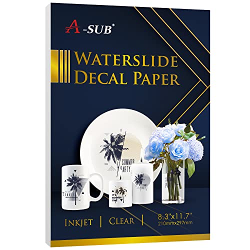 A-SUB Waterslide Decal Paper for Inkjet Printers 20 Sheets Clear Water Slide Transfer Paper 8.3 x 11.7 in for DIY Tumbler, Mug, Glass Decals