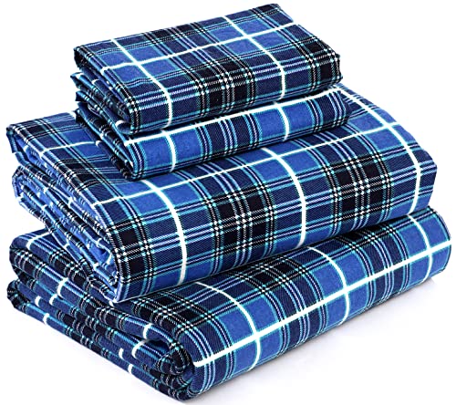 RUVANTI 100% Cotton 4 Pcs Flannel Sheets California King, Deep Pocket, Warm, Super Soft, Breathable, Moisture Wicking Flannel Bed Sheet Set Include Flat, Fitted Sheet, 2 Pillowcase  Blue Plaid