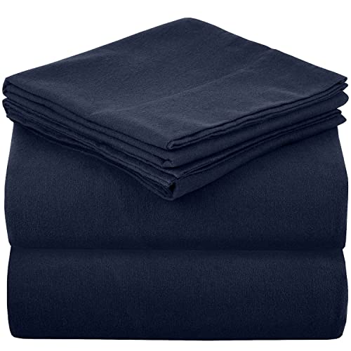 Mellanni Cotton Cal King Flannel Sheets Set - Deep Pocket Fitted Sheet up to 16 inch - Anti-Fade, Stain Resistant - Luxury Heavy Weight California King Sheet Sets - 4 Piece Set (California King, Navy)