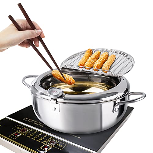 Kerilyn Deep Fryer Pot, 11 Inch/4.2 L Janpanese Style Tempura Frying Pot with Lid, 304 Stainless Steel with Temperature Control and Oil Drip Drainer Rack, for Kitchen French Fries, Chicken etc