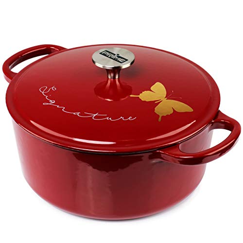Prime | Gold Painted Enameled Cast Iron 5.5 Quart Dutch Oven, Round Casserole Dish Pot with Lid | Gift Ideas, Signature Golden Butterfly, Ruby Red