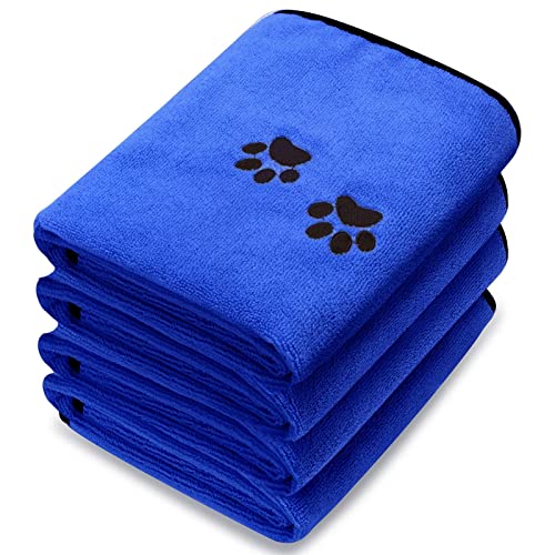 4 Pack Dog Towels for Drying Dogs Microfiber Dog Towel Soft Absorbent Pet Bath Towel Dog Drying Grooming Towel with Embroidered Paw for Pet Dogs Cats Bathing and Grooming (Deep Blue, 35 x 20 Inch)