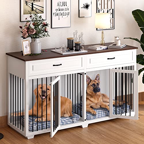 MOOLIVE Large Dog Crate Furniture, 72.4" Wooden Dog Crate Kennel with 2 Drawers and Divider, XXL Heavy Duty Dog Crates Cage Furniture for Large Dog or 2 Medium Dogs Indoor, White