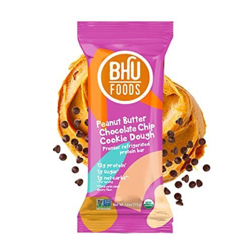 BHU Cookie Dough Keto Bars, Peanut Butter Chocolate Chip, Ultra Creamy Refrigerated Keto Snacks - 1g Net Carbs, 1g Sugar (8 Bars)