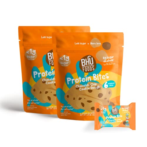 BHU Keto Protein Bites (2 Bags - Chocolate Chip Cookie Dough) - 2g Net Carbs, 1g Sugar - 6 Individually Wrapped Snacks per Bag