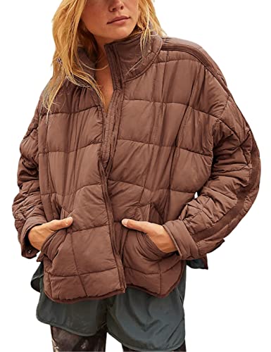 Huaqiao Womens Quilted Puffer Jackets Lightweight Zipper Short Oversized Padded Coat with Pockets(Brown-L)