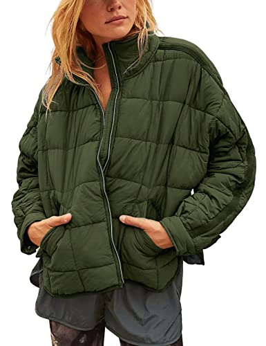 Watashi Women's Packable Puffer Jacket Long Sleeve Full Zip Lightweight Quilted Coat(ArmyGreen-M)