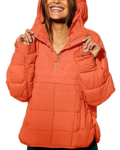 chouyatou Women's Quilted Pullover Puffer Jacket Packable Hooded Oversize Winter Coat Tops (Large, Orange)