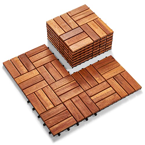 Hardwood Interlocking Patio Deck Tiles (Pack of 10, 12" x 12"), Acacia Wood Deck Tiles Interlocking Outdoor, Patio Tiles Outdoor Interlocking Waterproof All Weather(12Slat-Natural Color)