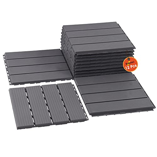 Interlocking Deck Tiles, 12 PCS 12 x 12 Patio Tiles Waterproof Plastic Outdoor Flooring Covering All Weather for Walkway Front Porch Poolside Balcony Backyard, Charcoal Gray