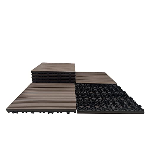 VVoodeinck 8sq.ft Wood Plastic Composite Patio Deck Tiles,12"x12" Waterproof Outdoor Flooring All Weather Use, Patio Floor Decking Tiles for Porch Poolside Balcony Backyard, Coffee