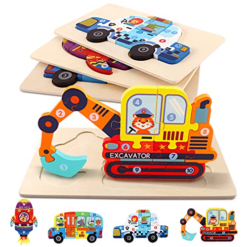 Wooden Puzzles for Toddlers, 4 Pack Wooden Transportation Puzzles Toys Gift for Kids 1-3, Montessori Educational Learning Blocks Board Toys for Boys and Girls Ages 1 2 3 4 5 Years Old