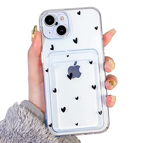 NITITOP Compatible for iPhone 14 Case Clear with Card Holder, Cute Heart Pattern Love Design for Women Girl, Protective Soft TPU Shock-Absorbing Wallet Case for iPhone 14-Black Heart