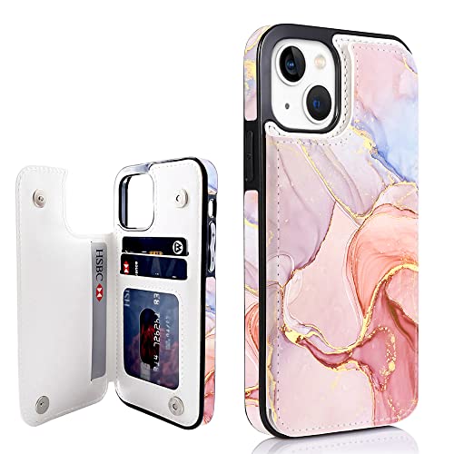 uCOLOR Flip Leather Wallet Case Card Holder Compatible with iPhone 13 6.1 iPhone 14 6.1 Women and Girls with Card Holder Kickstand (Pink Purple Marble)