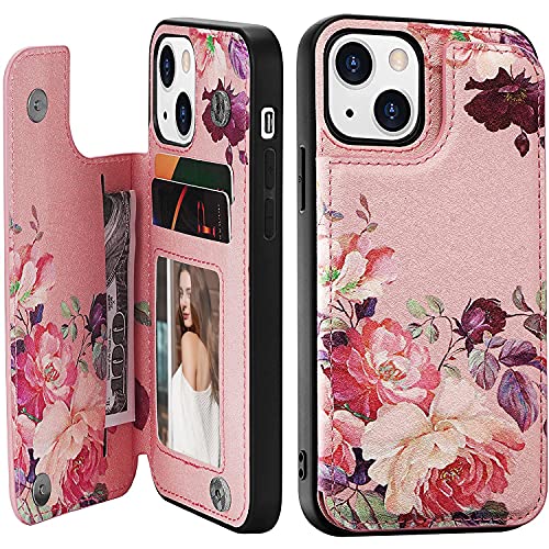 Crosspace Women Phone Wallet Case Compatible for iPhone 14 with Card Holder,Premuim Leather with Flowers add Good Feelings Charms,Easily 3 Cards,Kickstand,Raised Coner Protections(Pink,6.1inch)
